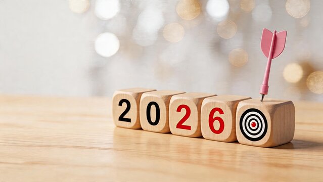 Business goal setting concept for future success planning wooden blocks showing year 2026 with target symbol