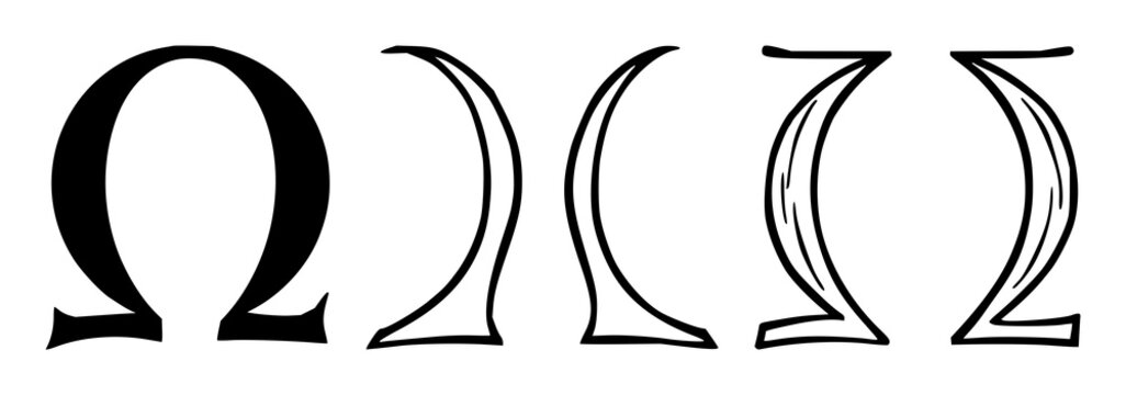 Omega icon set with stylized black line art on a white background featuring omega symbol, mathematical notation, Greek letter with minimalist line and vector illustration