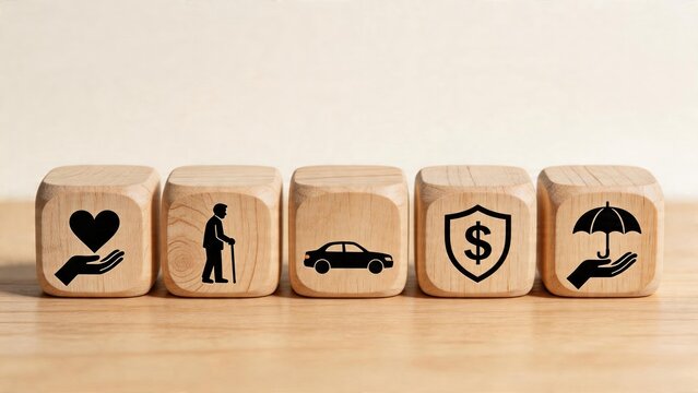 Business insurance concept wooden cube blocks with icons of health care elderly man car shield dollar sign symbol and umbrella protecting hands on beige background flat lay