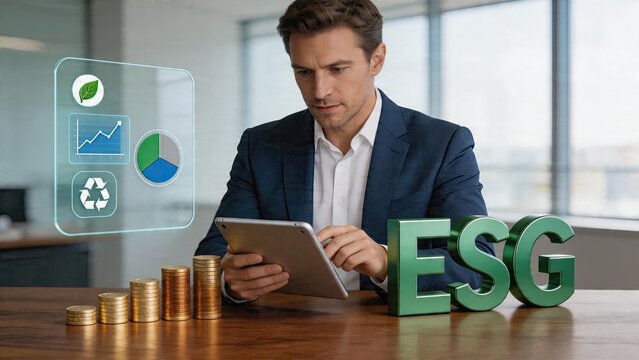 Businessman analyzing sustainability data on tablet with holographic interface ESG investing concept green finance growth chart eco friendly circular economy symbol corporate
