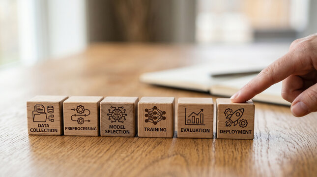 Ai federated learning network workflow with hand selecting deployment block on wooden table in office