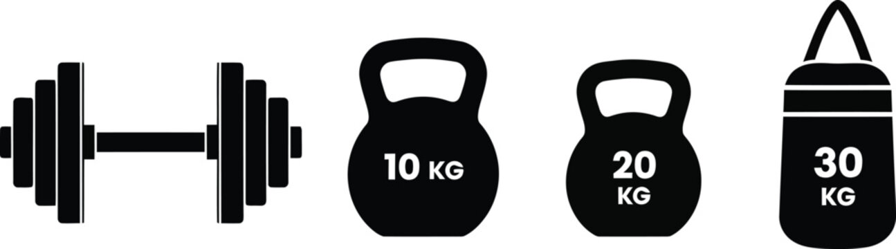Set of Gym Equipment Icons Including Dumbbell, Kettlebells, and Punching Bag for Fitness Training