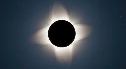 Obraz premium A total solar eclipse displays a glowing white corona around a black lunar silhouette against a dark sky filled with distant stars, sparkle, space, night