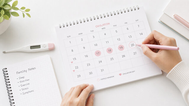 Close-up of hands marking ovulation dates on a calendar with a pen, alongside a thermometer and fertility notes on a clean desk. Concept of fertility tracking, reproductive health awareness