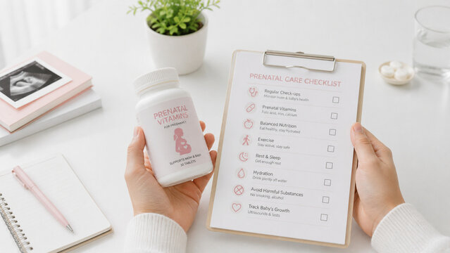 Close-up of hands holding prenatal vitamins alongside a prenatal care checklist in a clean, minimal healthcare setting. Concept of pregnancy care, maternal health, and healthy lifestyle