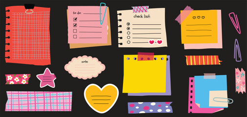 Ripped lined paper strips collection. paper scraps with torn edges. Sticky notes, pages. Vector illustration.