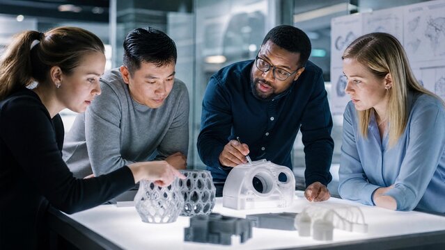 Diverse team collaborates on innovative engineering project with 3D printed prototypes