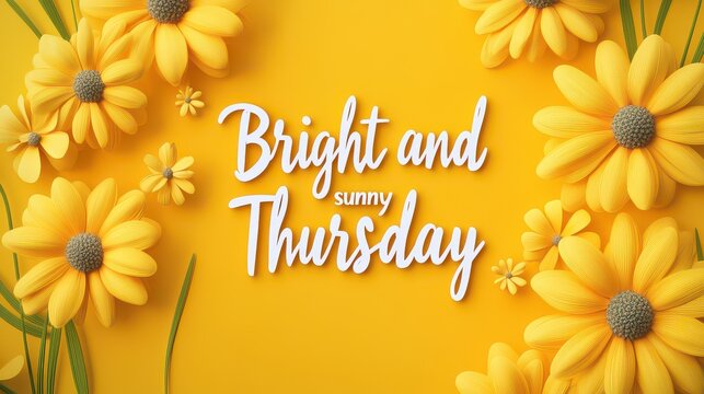 Bright yellow flowers surround "Bright and Sunny Thursday" text on yellow background.