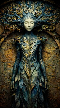 Full length dryad figure with leaf dress and ornate forest crown