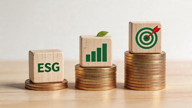ESG concept sustainability cube with growing plant and chart target on coins stack corporate social responsibility goals