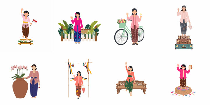 Set of Indonesian women in traditional kebaya and batik clothing participating in various cultural activities and everyday life scenes.