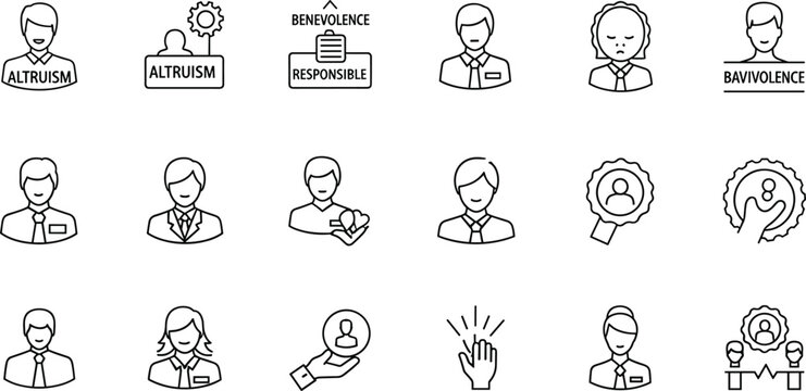 Human values and ethics line icon vector set with altruism, responsibility, benevolence and people symbols in minimal outline style for social concept design
