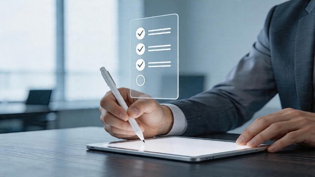 Businessman using digital tablet and stylus pen futuristic hologram checklist with green checkmarks completing tasks modern office work high tech environment project management