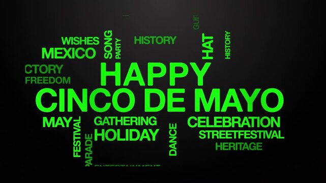 happy Cinco de Mayo concept Animated Tag Word Cloud kinetic typography, Text Design Animation typography seamless loop video motion graphics Intro Wordart tagcloud green type on black background bg ba
