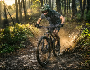 Fototapeta premium Mountain Mountain Biker Biker Riding Riding Through Through Forest Forest Trail Trail Action Action Shot Shot