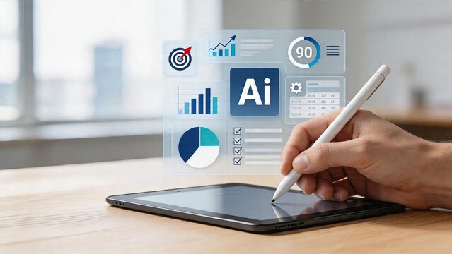 Business man using tablet device to manage artificial intelligence project Ai interface hologram displaying charts graphs performance metrics goals settings checklist work concept