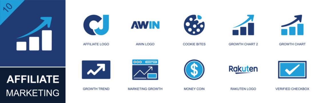 Affiliate marketing icon set. Containing affiliate logo, AWIN logo, cookie bite, chart, coin, Rakuten logo, check box, growth trend, marketing graph and more. Solid fill vector icons.