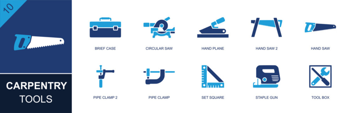Carpentry tools icon set. Containing tool case, circular saw, hand plane, hand saw, pipe clamp, set square, staple gun, tool box, woodworking tool and more. Solid fill vector icons.