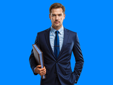 Professional Businessman Holding Documents on Blue Background 