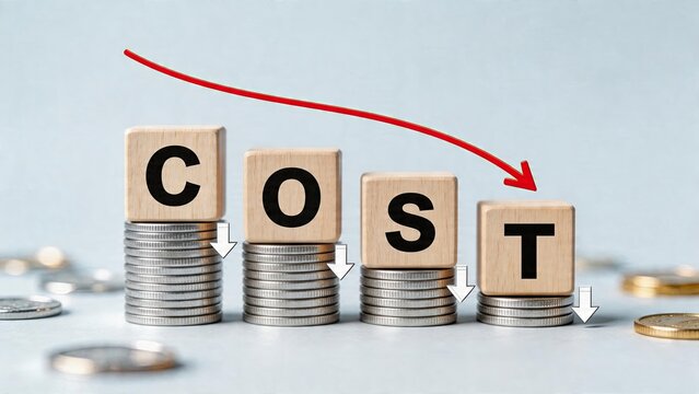 Business finance concept wooden blocks spelling cost word on stacks of coins red arrow pointing down reducing expenses