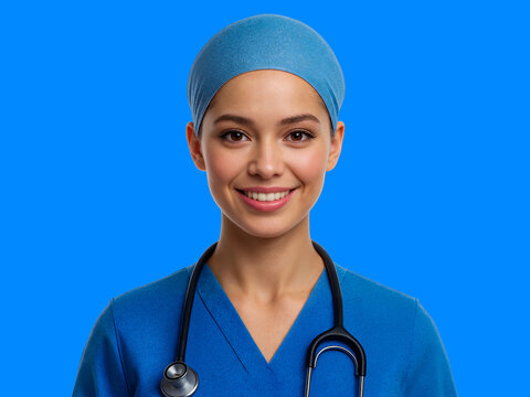 Smiling Healthcare Worker in Medical Scrubs on Blue Background Professional Medical Portrait