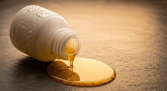 A white alabaster jar lies tilted on a stone surface as golden oil spills out, creating a glistening pool under warm and soft lighting, spilled, ancient, background