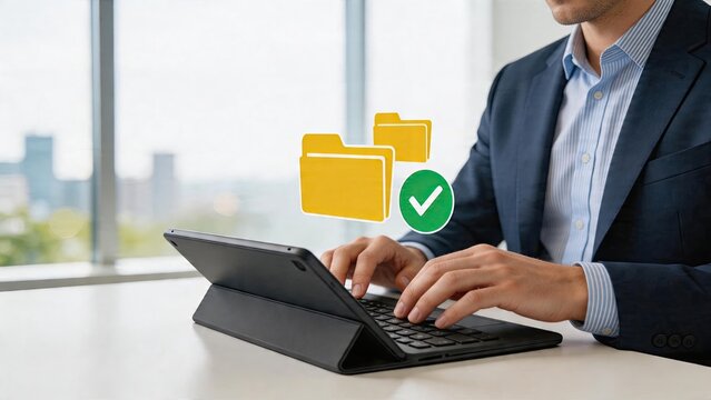 Businessman typing on tablet digital data security concept virtual folder with checkmark icon protecting documents and files secure storage system office work environment cloud
