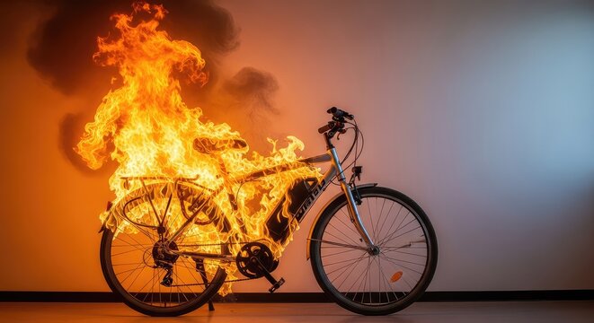 An electric bicycle caught in a massive blaze while charging inside a room, with thick smoke and flames erupting from the battery pack, accident, hazard, power