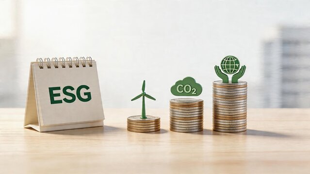 ESG calendar wind turbine coin tower CO2 cloud growth hands holding earth stack corporate sustainability strategy green finance investment carbon credit economy renewable energy