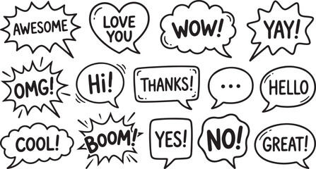 Black and white speech bubbles with exclamations and expressions isolated on transparent background, Vector © Rana