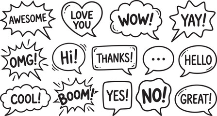 Black and white speech bubble emoticons with exclamations isolated on transparent background, Vector © Rana