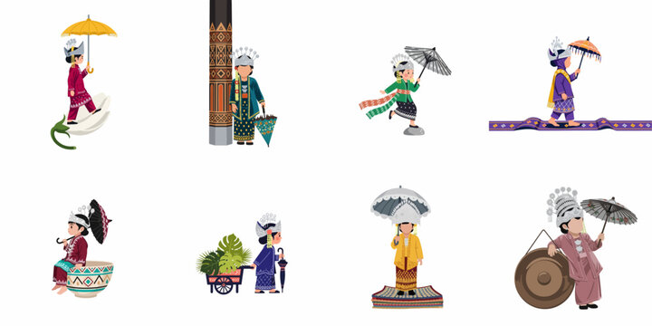 Collection of Cartoon Characters in Traditional Indonesian Ethnic Costumes Holding Umbrellas and Other Cultural Symbols on a White Background
