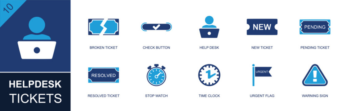 Helpdesk tickets icon set. Containing broken ticket, check button, help desk, new ticket, pending ticket, resolved ticket, timer, urgent flag, warning sign and more. Solid fill vector icons.