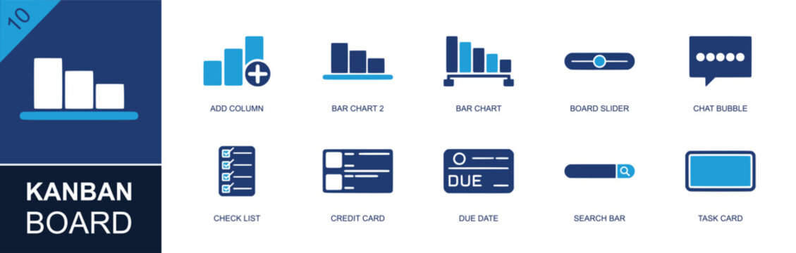 Kanban board icon set. Containing add column, bar chart, board slider, chat bubble, checklist, credit card, due date, search bar, task card, workflow and more. Solid fill vector icons.