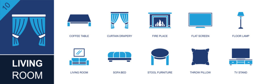 Living room icon set. Containing coffee table, curtain drapery, fireplace, flat screen, floor lamp, sofa bed, stool, throw pillow, TV stand, lounge decor and more. Solid fill vector icons.