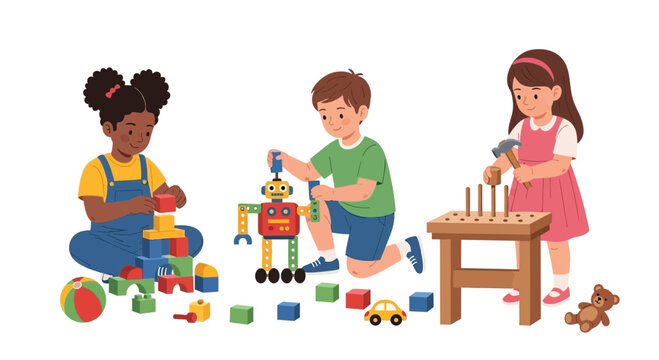 Diverse children playing with educational toys, building blocks, robot, and hammering pegs.