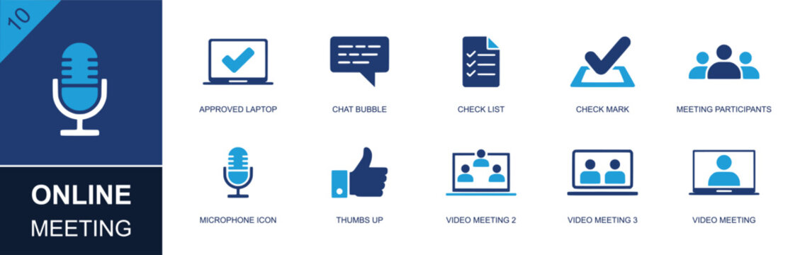 Online meeting icon set. Containing approved laptop, chat bubble, check list, check mark, meeting participants, microphone, thumbs up, video meeting and more. Solid fill vector icons.