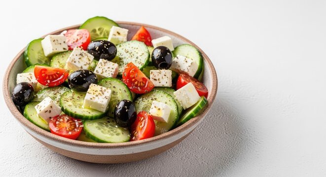 Fresh Mediterranean salad featuring crisp cucumbers, ripe red tomatoes, briny olives, and creamy feta cheese crumbles in a rustic bowl, appetizer, healthy, lunch