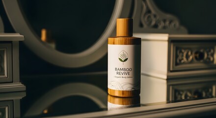 Fototapeta premium Bamboo Lotion Bottle Product Shot Cosmetic Skincare Bathroom Display