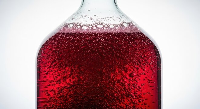 High resolution view of large glass demijohns containing fermenting grape juice, capturing natural bubbles and deep crimson liquid textures, gas, natural, light