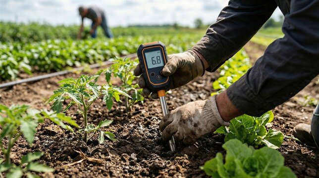 Farmer testing soil acidity with digital ph meter on vegetable field. Agronomist using modern agriculture technology to monitor crops health. Smart farming and organic cultivation concept.