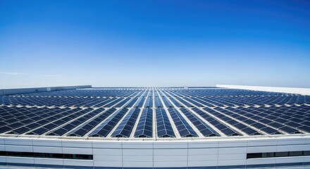 Obraz premium Rows of modern photovoltaic solar panels installed on the rooftop of a high-tech industrial data center facility under a clear blue sky, ecological, building, solar