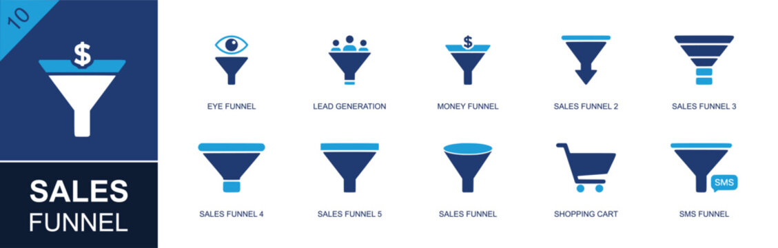 Sales funnel icon set. Containing eye funnel, lead generation, money funnel, sales funnel, shopping cart, SMS funnel, conversion, lead capture, pipeline and more. Solid fill vector icons.