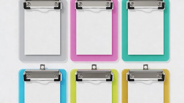 &ldquo;Six rectangular clipboard frames arranged in a 2x3 grid on a plain white background. Each clipboard has a minimal, modern design with rounded corners and a metallic clip at the top center. The frames