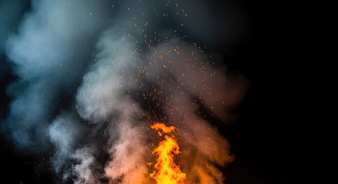 Thick grey and black smoke billows upward from a glowing orange wood fire, rising into the dark night air with floating sparks and embers, pollution, embers, combustion