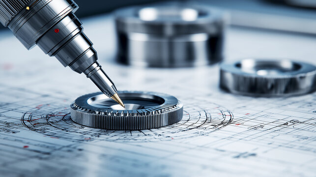 Precision Engineering Blueprint with Technical Pen and Metal Components. A detailed architectural or mechanical drawing being worked on, illustrating industrial design and innovation.