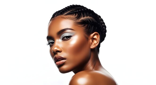Beautiful Black Woman Portrait With Braided Hairstyle Studio Shot