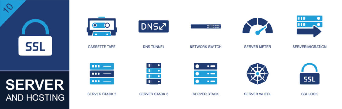 Server and hosting icon set. Containing cassette tape, DNS tunnel, network switch, server meter, server migration, server stack, SSL lock, data center and more. Solid fill vector icons.