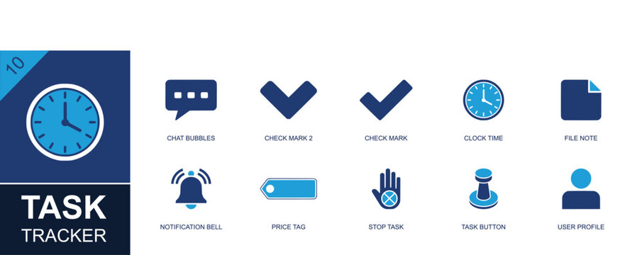 Task tracker icon set. Containing chat bubbles, check mark, clock time, file note, notification bell, price tag, stop task, task button, user profile and more. Solid fill vector icons.