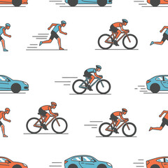 Fototapeta premium Seamless pattern with cyclists runners and cars vector illustration